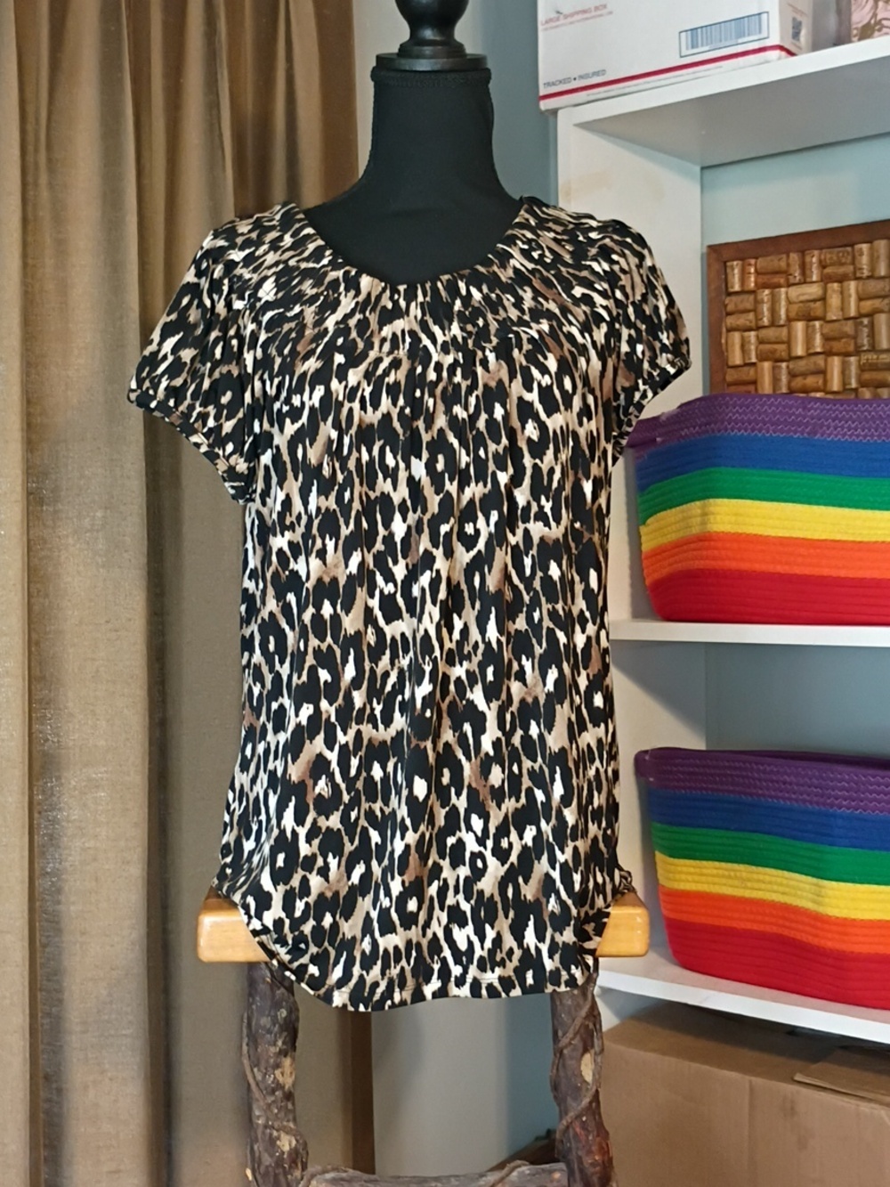 Leopard Print Short Sleeve Blouse - Neutral Tones By Style & Co